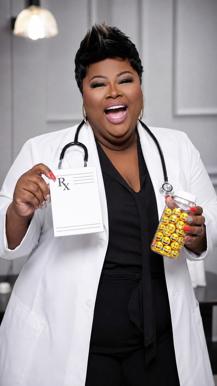Tanya Lewis in a doctor's coat with a prescription pad and a bottle of laughing faces