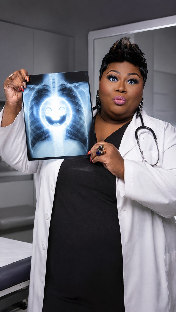 Tanya Lewis in a doctor's coat holding an x-ray with a smiling face on it