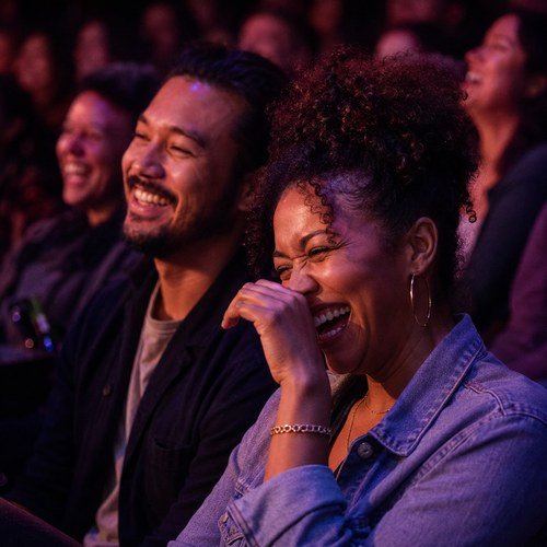 Two women laughing together in a warmly lit audience