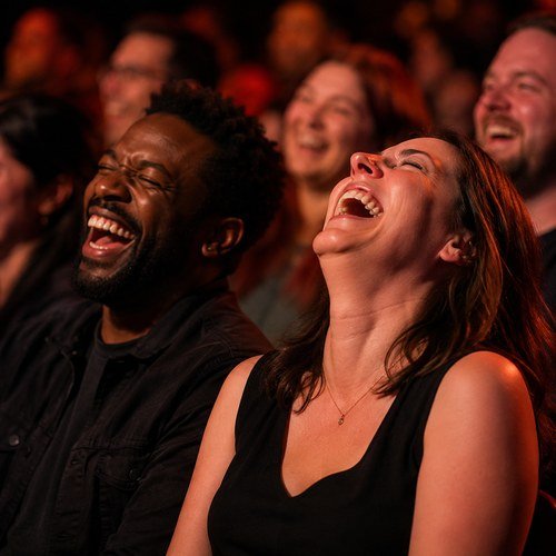 A woman doubled over laughing beside her friend
