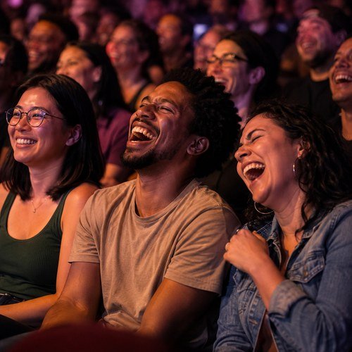 A full row of the audience laughing at once