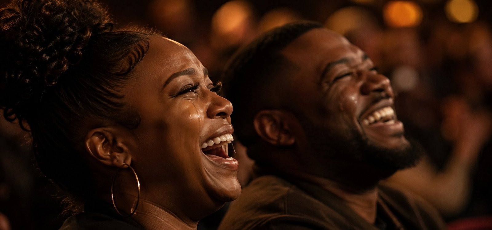 Two audience members laughing until they cry